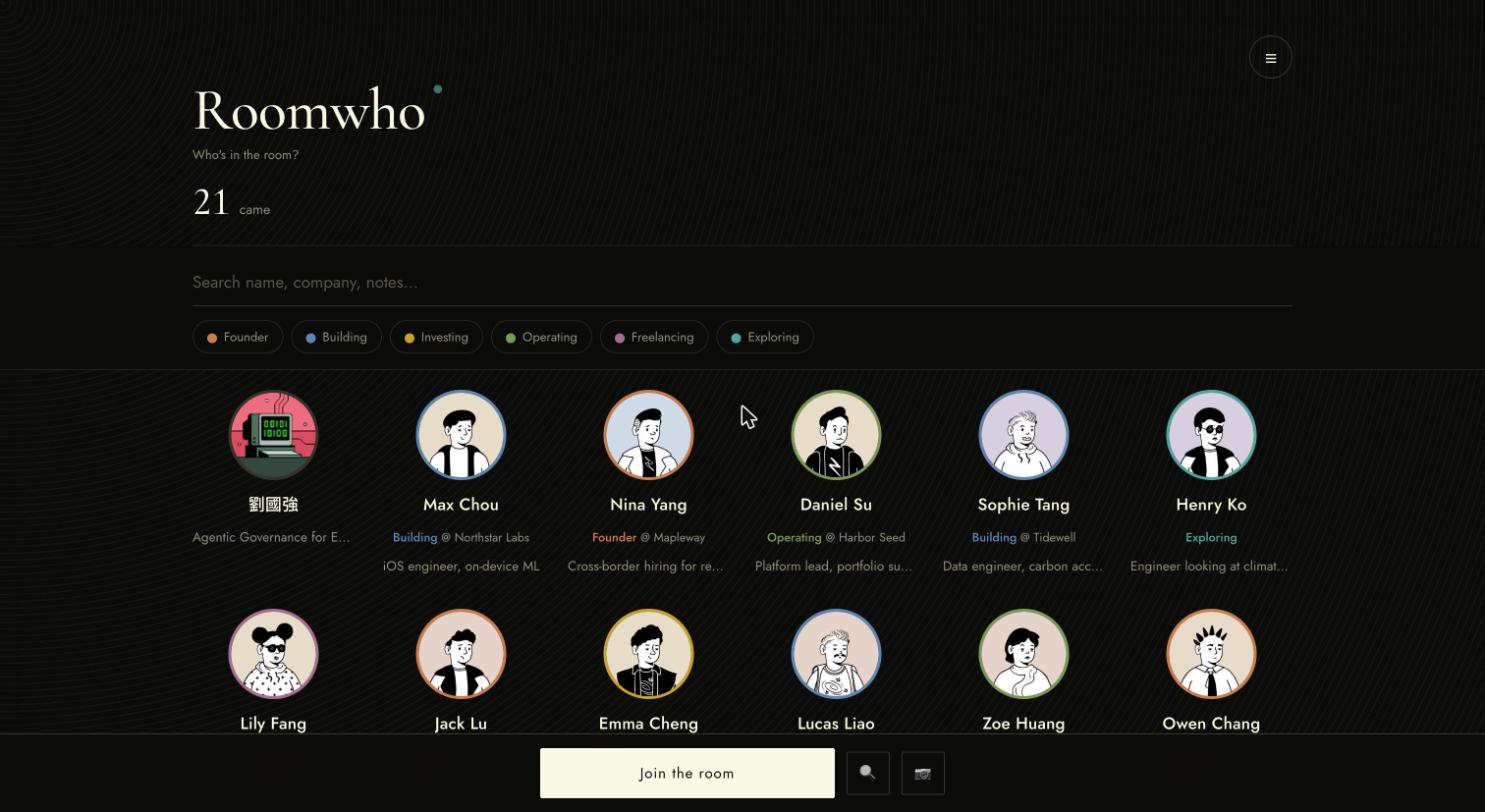 Roomwho demo room: 21 attendees as illustrated avatars with role filters and a Join the room button