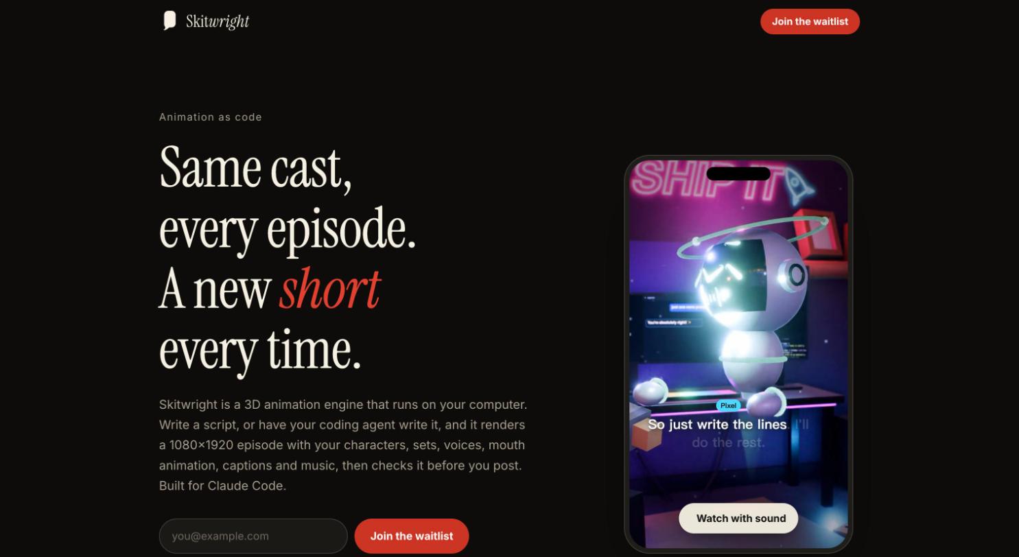 Skitwright landing page: Same cast, every episode, a new short every time, beside a phone playing a VIBE CHECK episode