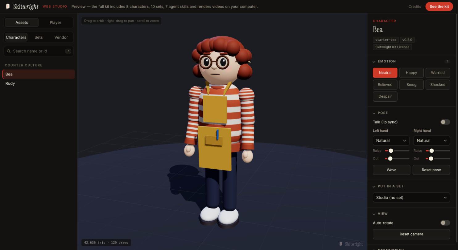 Skitwright Web Studio: the 3D character Bea with emotion, pose and hand controls